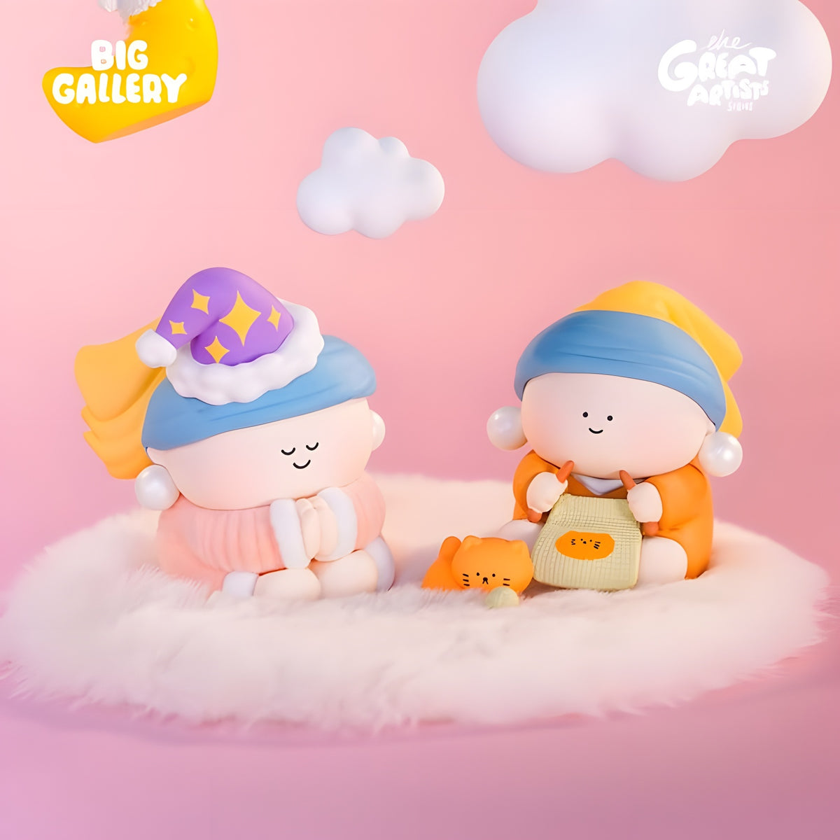 Tender Moments Pearl Girl blind box figures in a cozy scene with cat companion and knitting details, featuring cute collectible designer toys by BigGallery