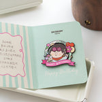 BigGallery Birthday Badge March design displayed with a birthday card, cute metal alloy badge collectible
