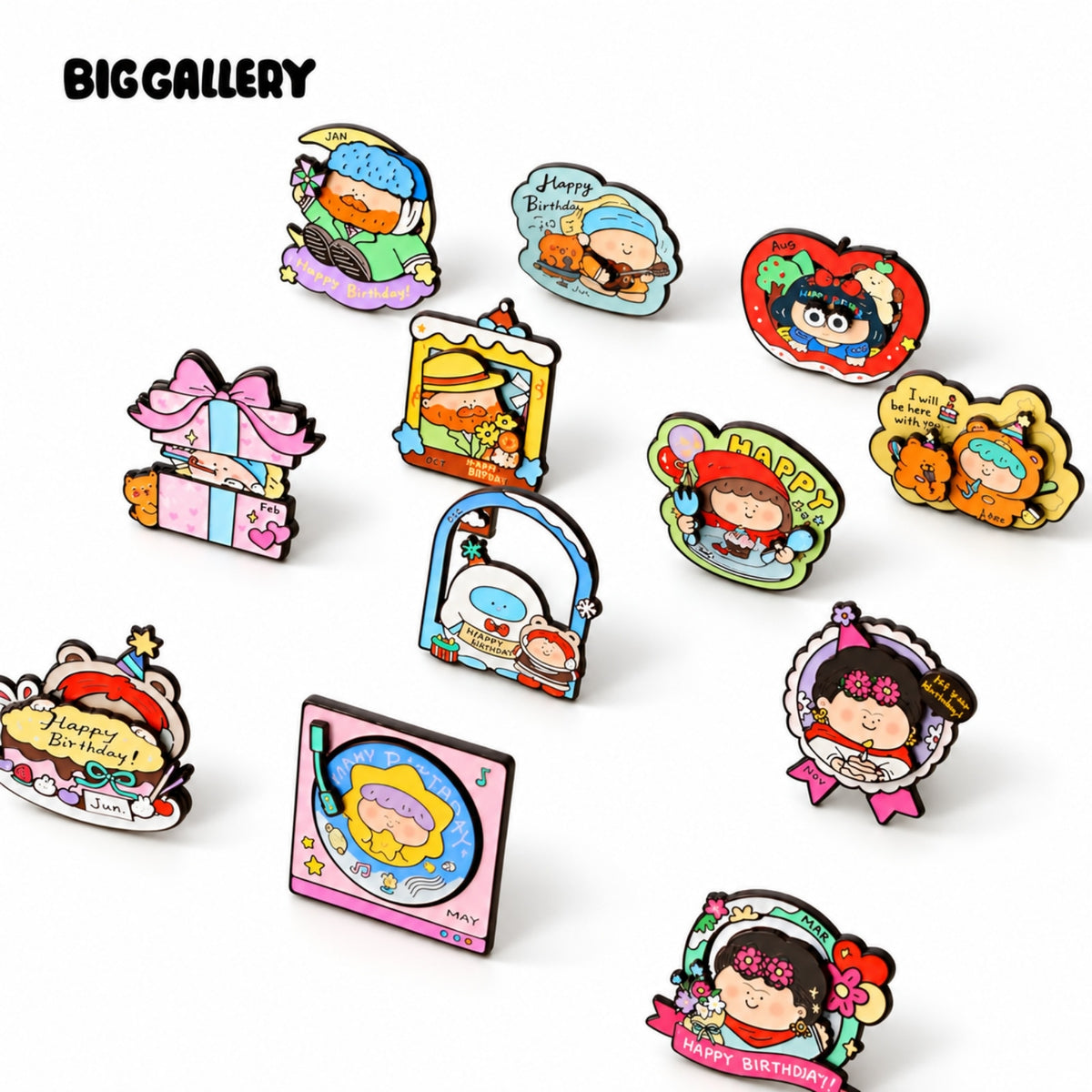 BigGallery Birthday Badge monthly collection displayed on white background featuring 12 colorful metal alloy birthday badge designs for each birth month