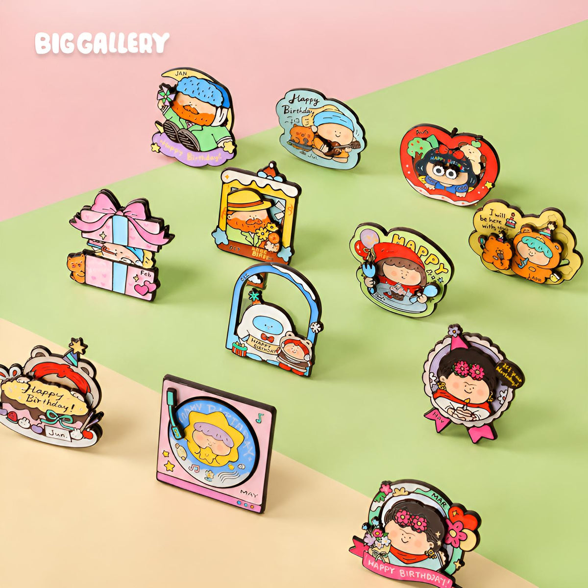 BigGallery Birthday Badge monthly collection featuring 12 colorful metal alloy birthday badge designs for each birth month