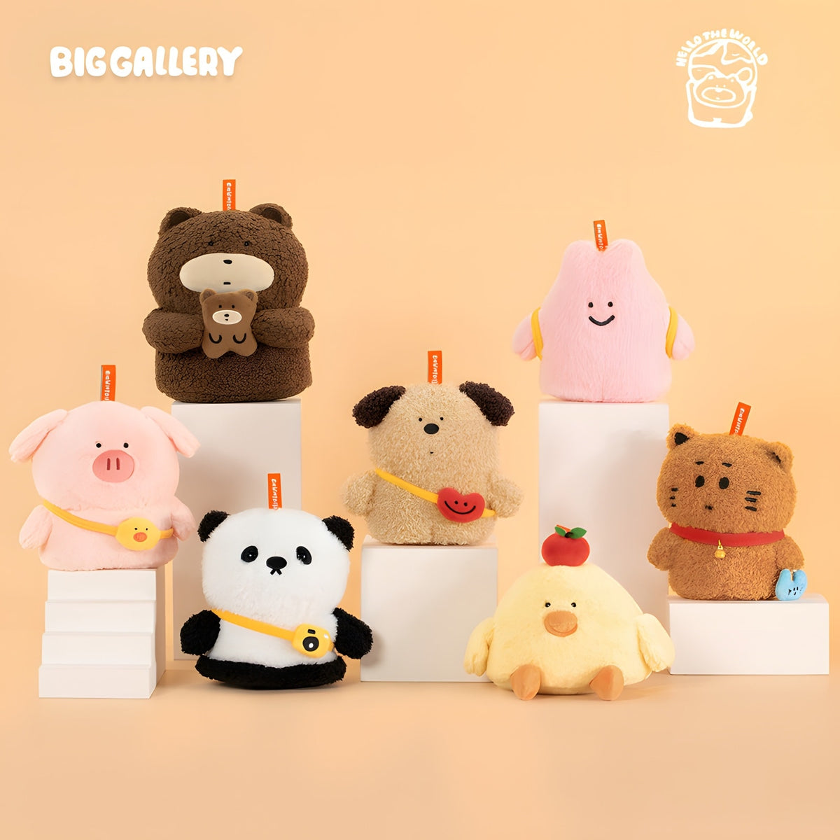 BigGallery Hello The World series plush blind box collection display with multiple cute figures