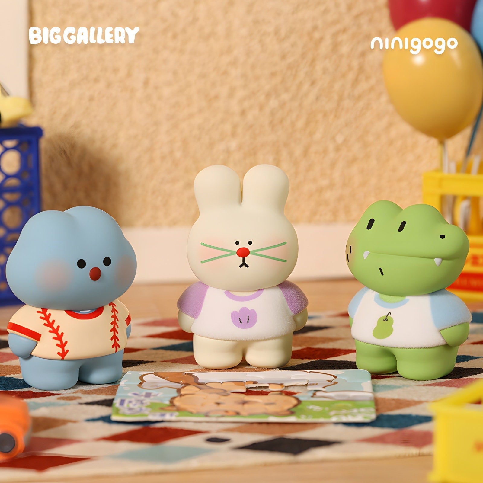 BigGallery x Ninigogo Happy Day Series blind box figures featuring three collectible characters in a cozy indoor setup