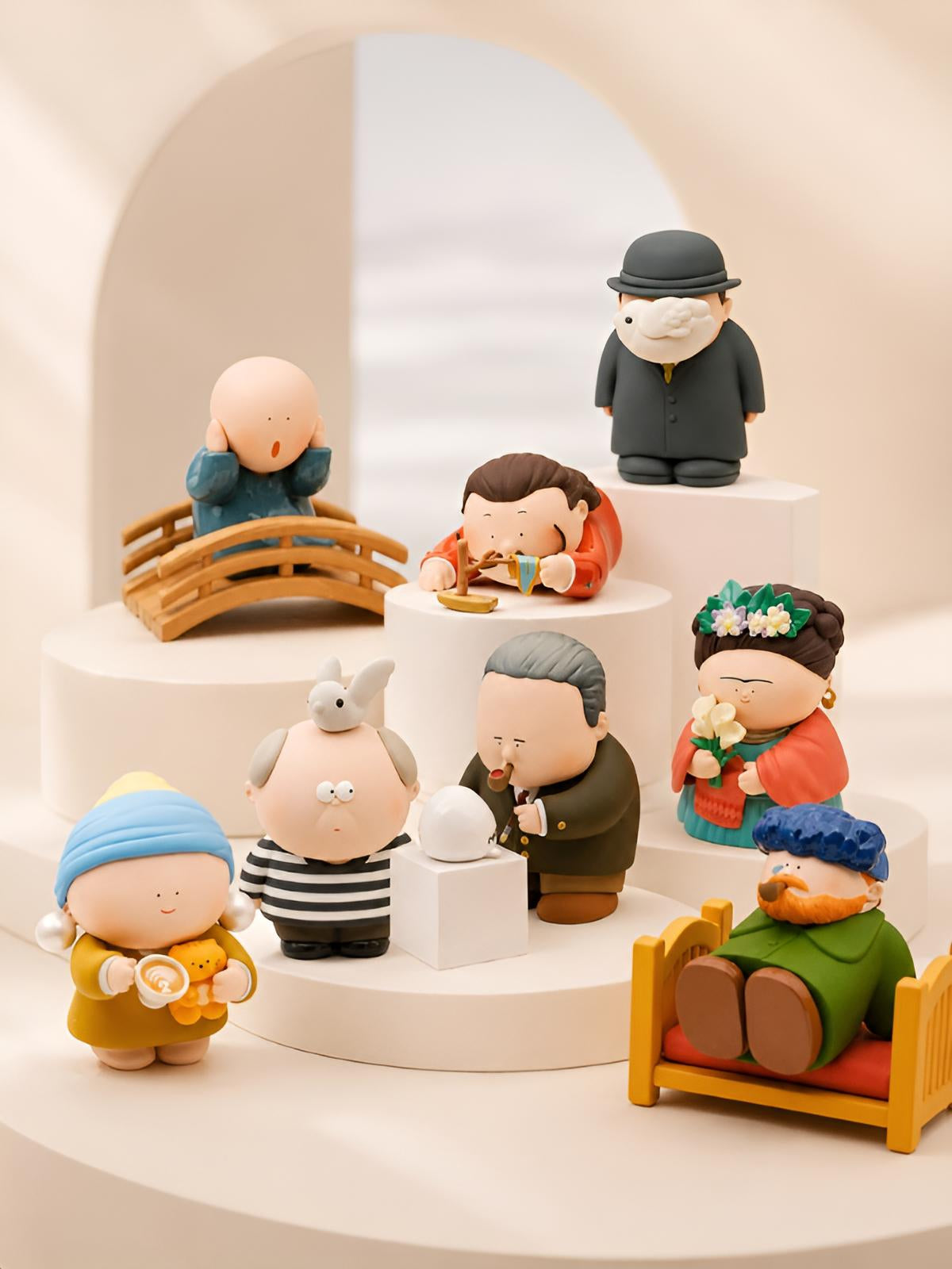 The Great Artist Blind Boxes collectible figures displayed on a warm gallery-style pedestal for the BigGallery featured series collection