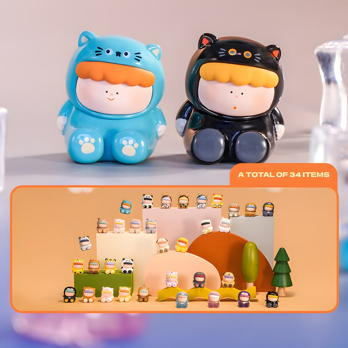 Curious Baby Series Blind Box full collection display with 34 cute animal figures and collectible vinyl toys