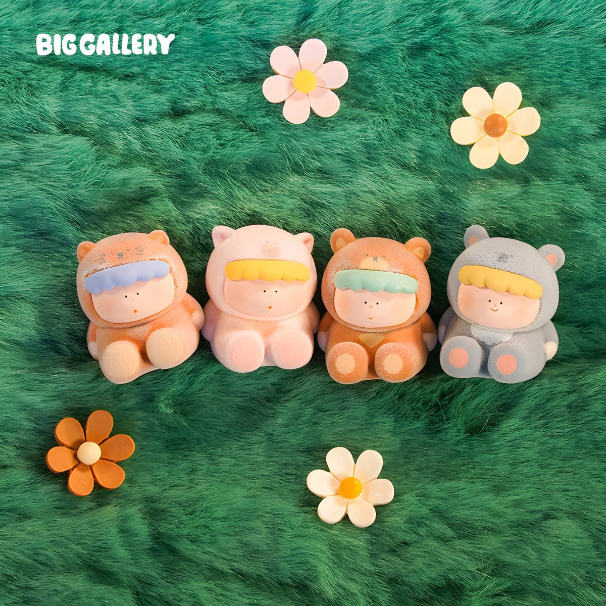 Curious Baby Series Blind Box by BigGallery featuring cute animal vinyl figures on a soft green forest background