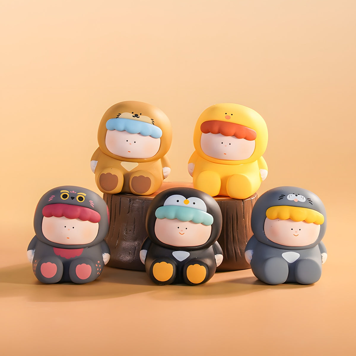 Curious Baby Series Blind Box cute animal vinyl figures displayed in an autumn themed collectible toy scene