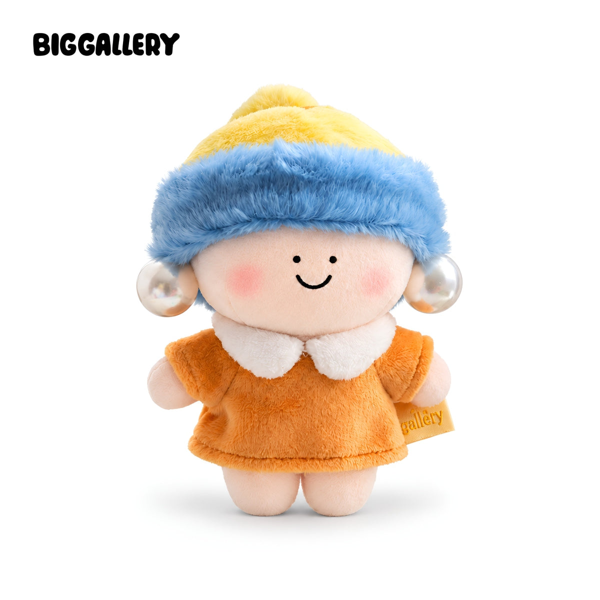 Girl with a Pearl Earring Plush Charm by BigGallery on a white background, featuring a soft blue headscarf, pearl earrings and orange dress