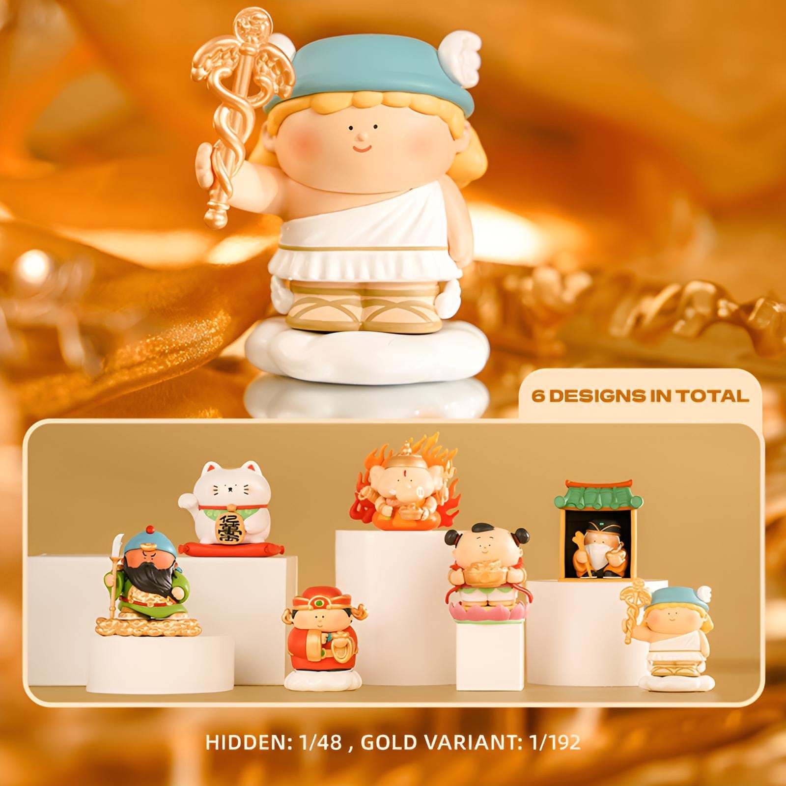 Complete GODS OF WEALTH Series Blind Box lineup by BigGallery featuring six collectible fortune-themed figures and hidden edition character