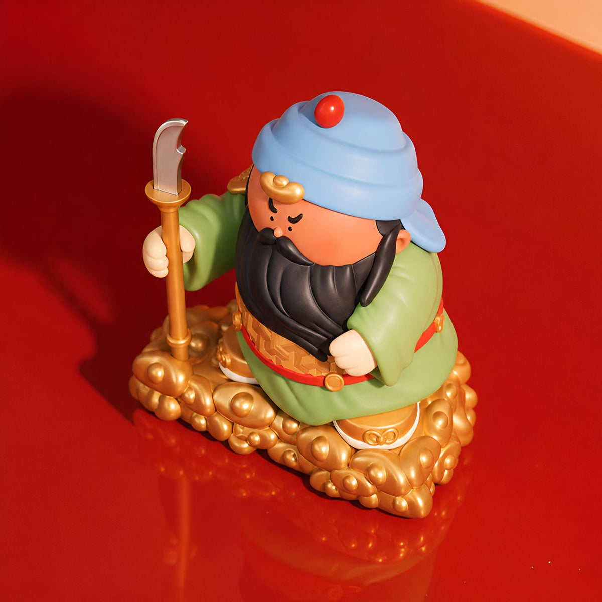 Top view of Guan Yu God of Wealth Figure highlighting the colorful design and collectible art style