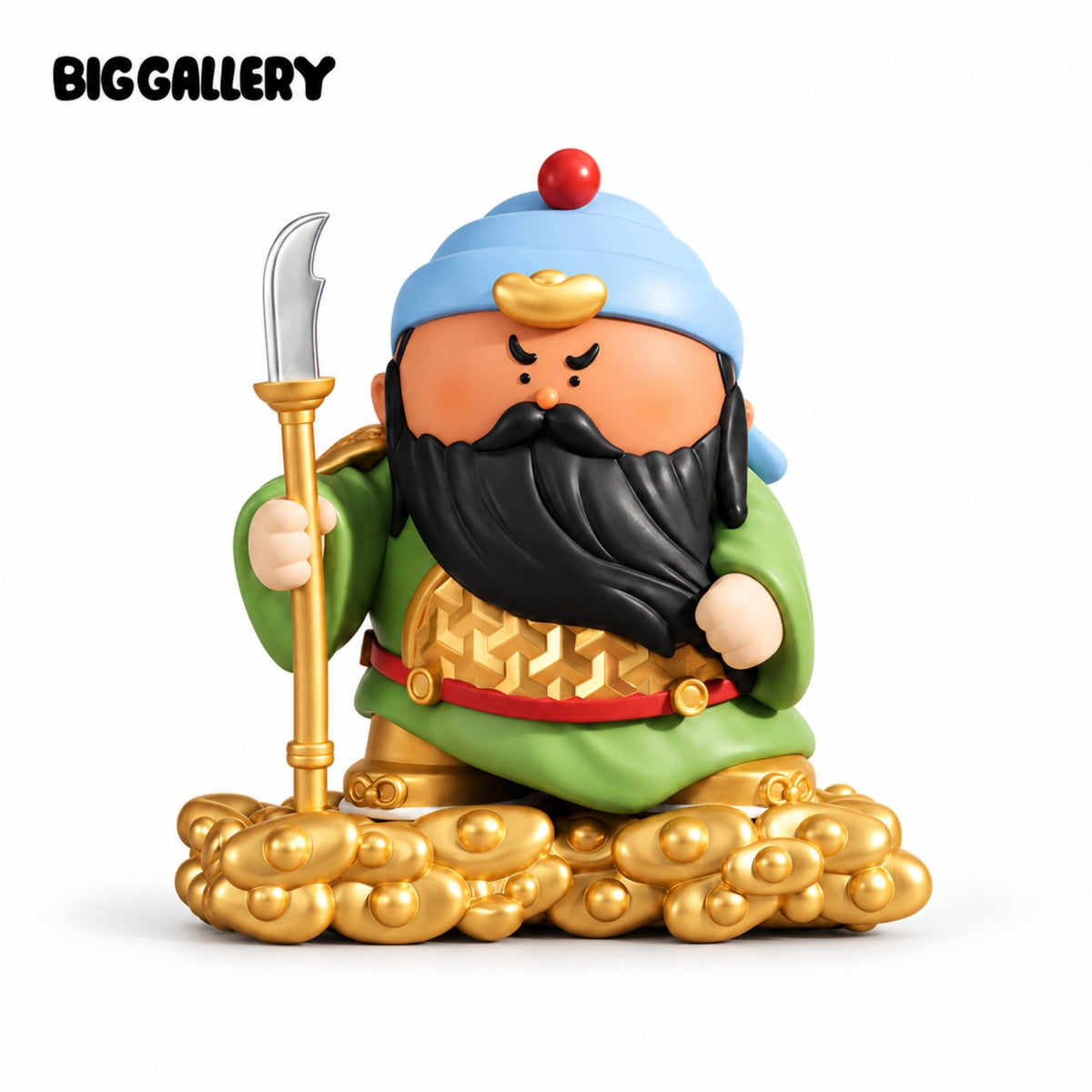Guan Yu God of Wealth Figure displayed on white background with golden cloud base and traditional Chinese warrior design