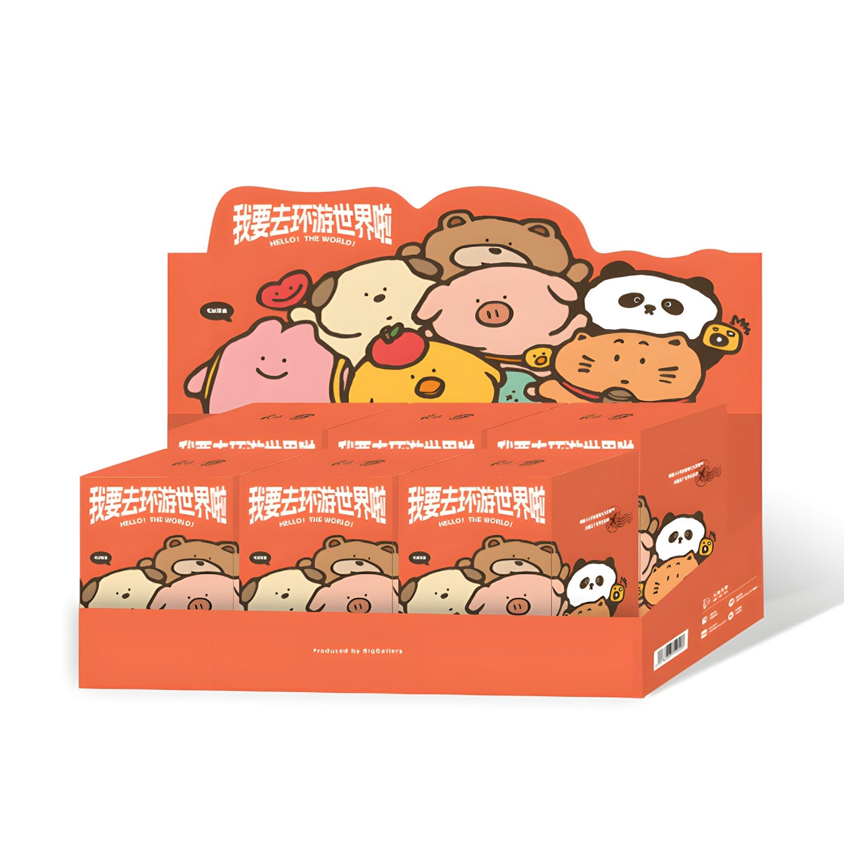 Hello The World blind box series full case display by BigGallery showing multiple collectible plush figures