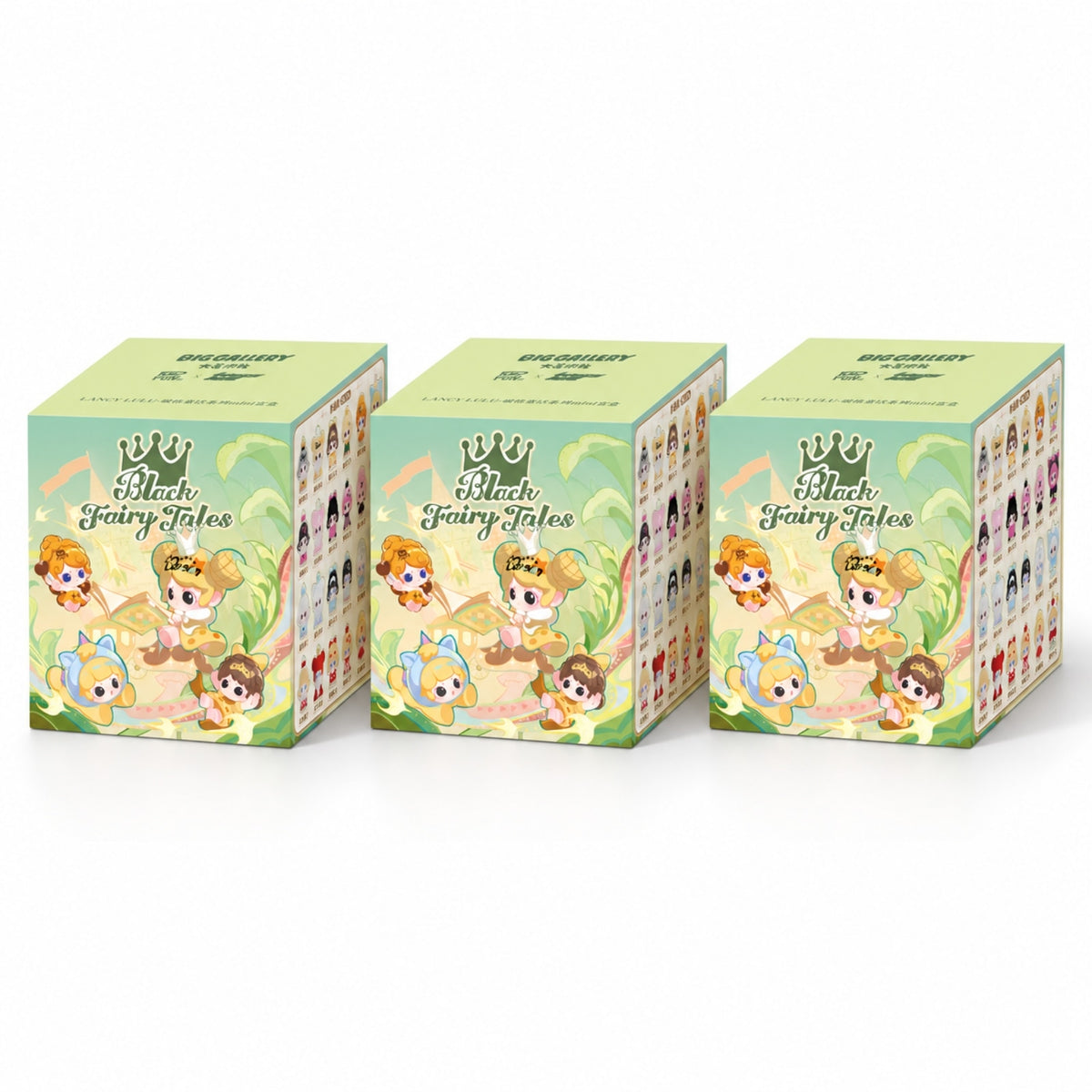LANCY LULU Black Fairy Tales Series Mini Blind Box 3-pack packaging design.