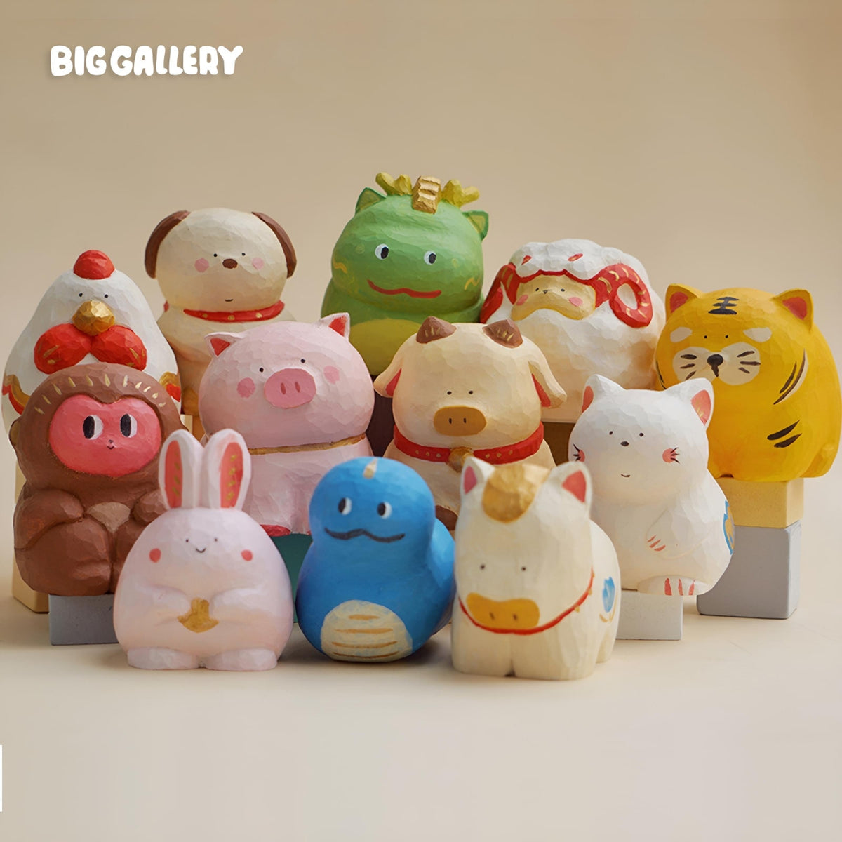 Lunar Zodiac Series Figures by BigGallery featuring all twelve collectible zodiac animal figures with a cute wood-carving style finish