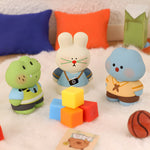 Ninigogo Happy Day Series blind box figures displayed in a cozy play scene with colorful blocks, featuring cute animal characters from BigGallery