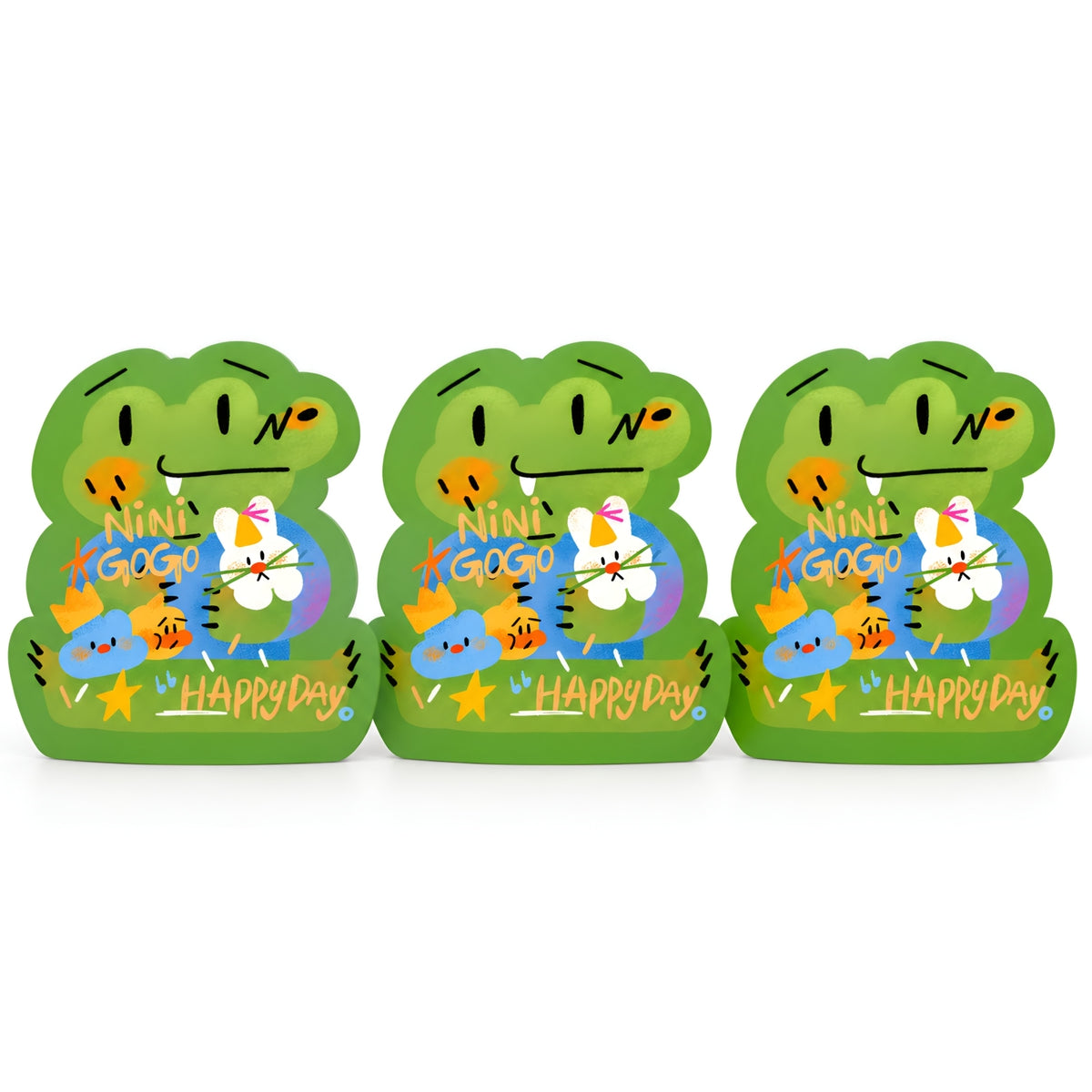 NINIGOGO Happy Day 3-pack blind box packaging featuring collectible toy designs.
