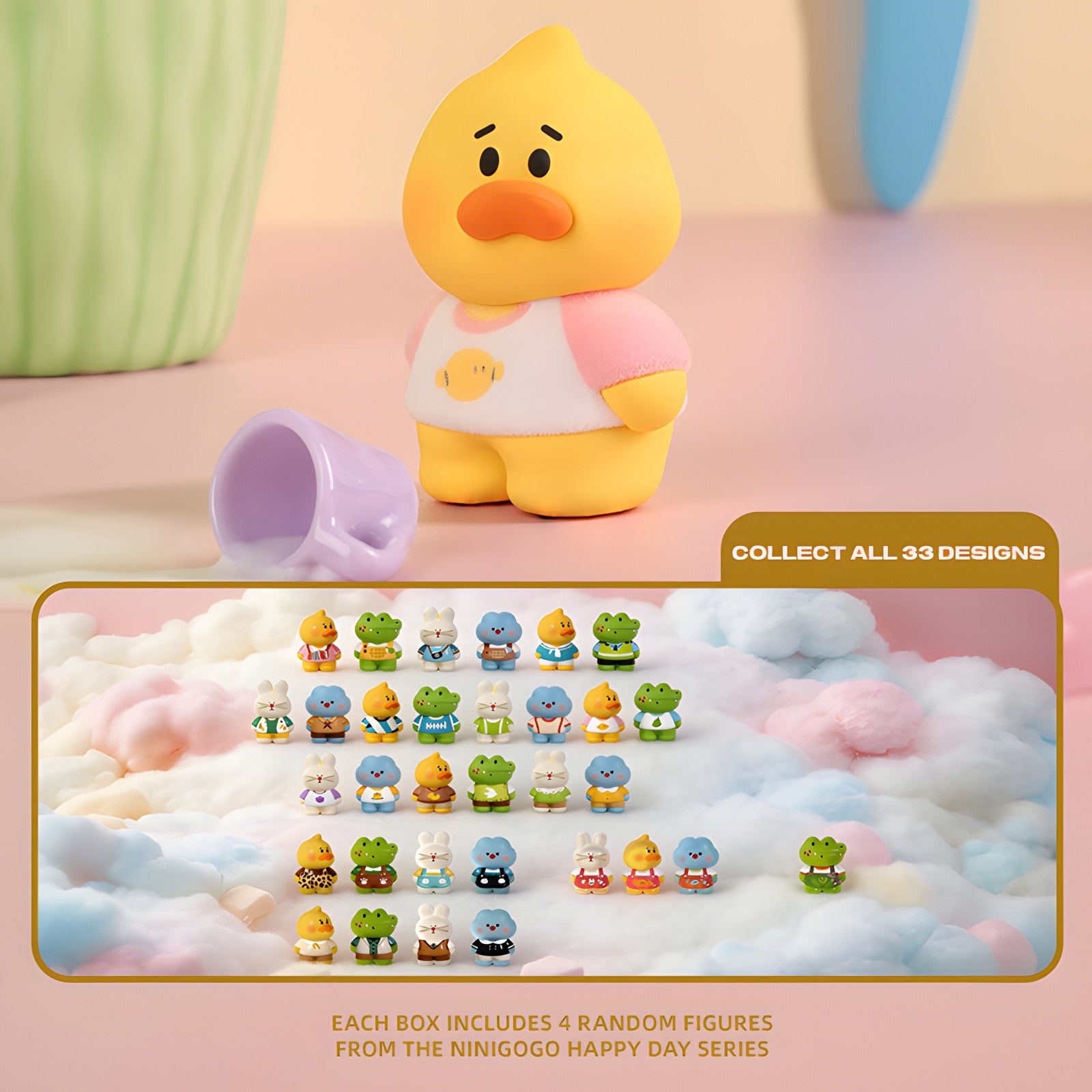 NINIGOGO Happy Day Series blind box collectible figures featuring 33 cute character designs including duck, bunny, and crocodile toys