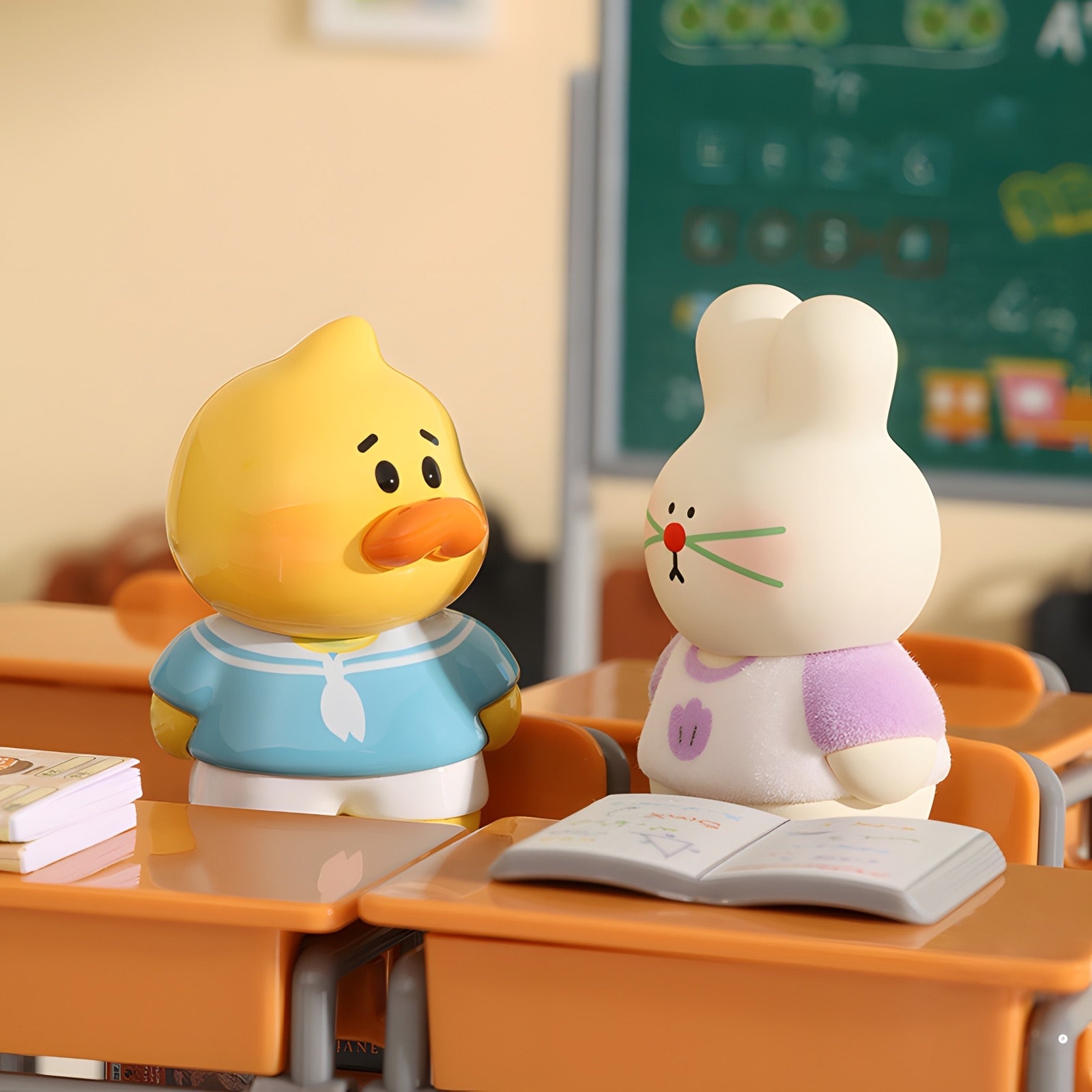 Cute NINIGOGO Happy Day collectible figures in classroom scene with duck and bunny characters sitting at desks