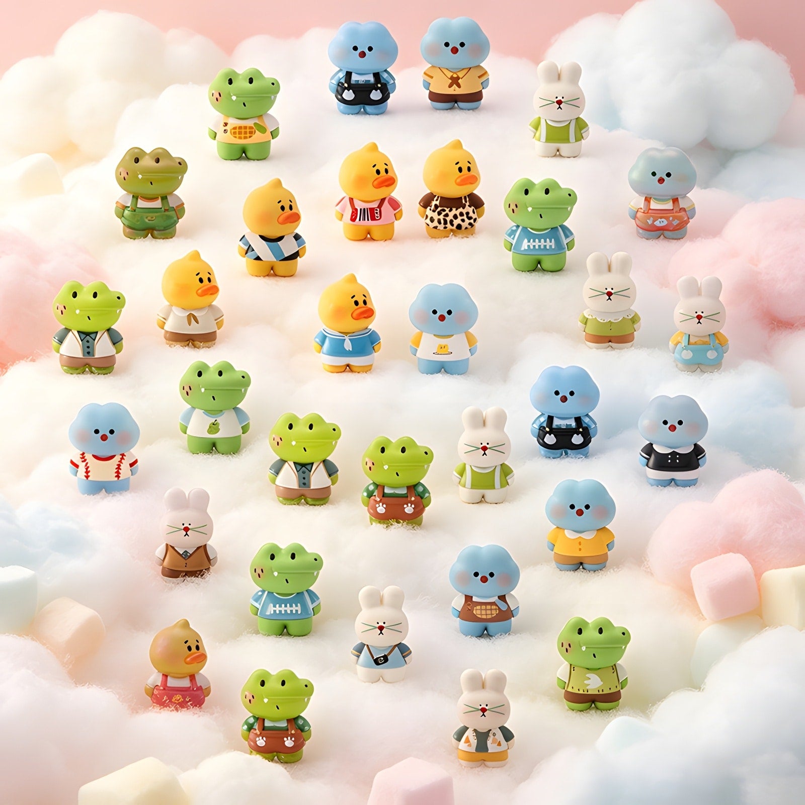 Full collection of NINIGOGO Happy Day Series blind box toys with multiple cute mini figures displayed on soft cloud background