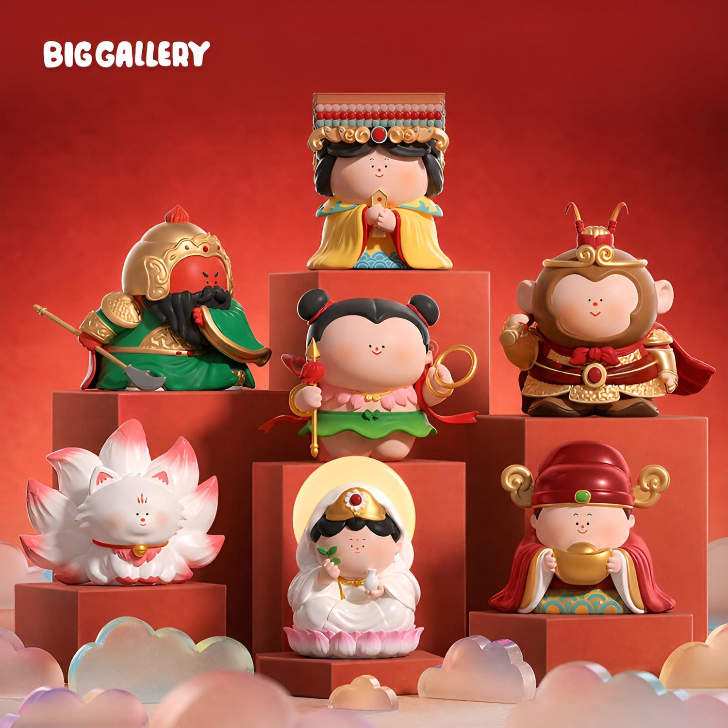 Our Guardian Gods blind box full collection by BigGallery featuring Guan Yu, Nezha, Mazu, Fighting Buddha, Fortune God, Nine-Tailed Fox and secret Guanyin figure