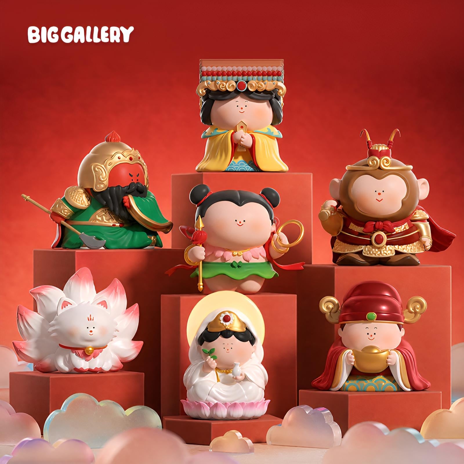 Our Guardian Gods blind box full collection by BigGallery featuring Guan Yu, Nezha, Mazu, Fighting Buddha, Fortune God, Nine-Tailed Fox and secret Guanyin figure