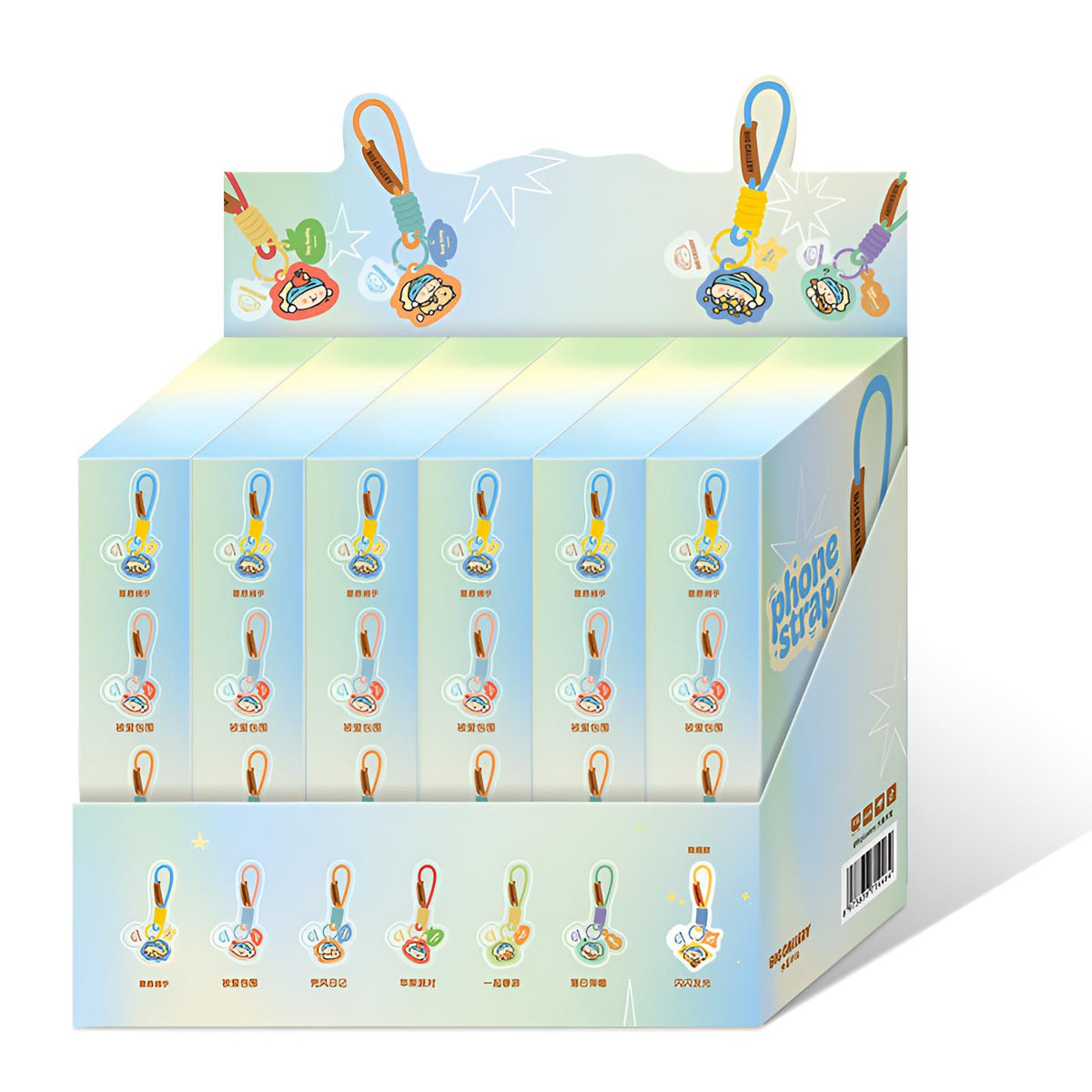 Pearl Maiden Phone Strap Blind Box full case packaging with 6 blind boxes and collectible acrylic phone strap designs