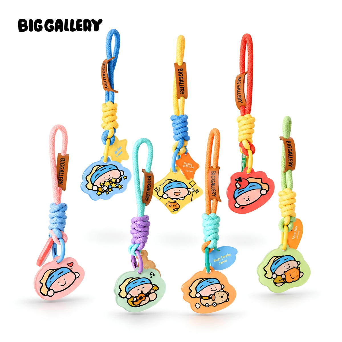 Pearl Maiden Phone Strap Blind Box full lineup by BigGallery on a white background, featuring seven colorful acrylic phone charm strap designs