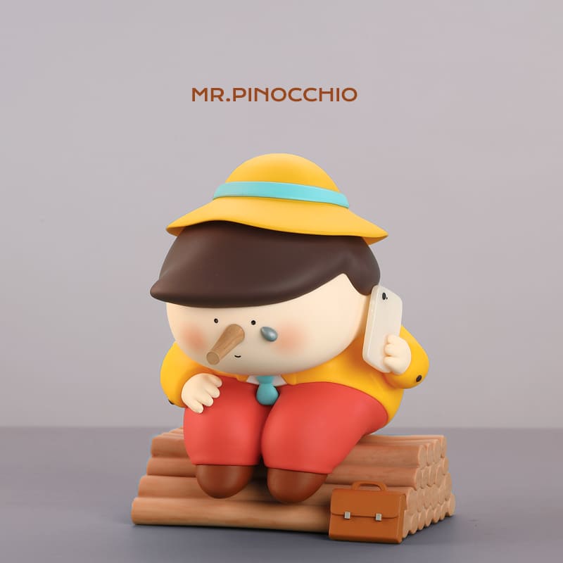 Pinocchio figure holding phone from Metropolis Fairy Tales blind box series