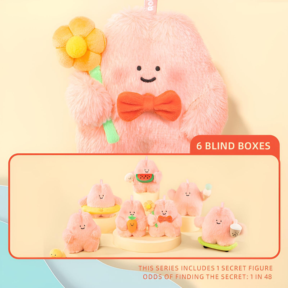 Roro’s Summer Plans Series Blind Box full case display with six plush figures and one secret figure chance