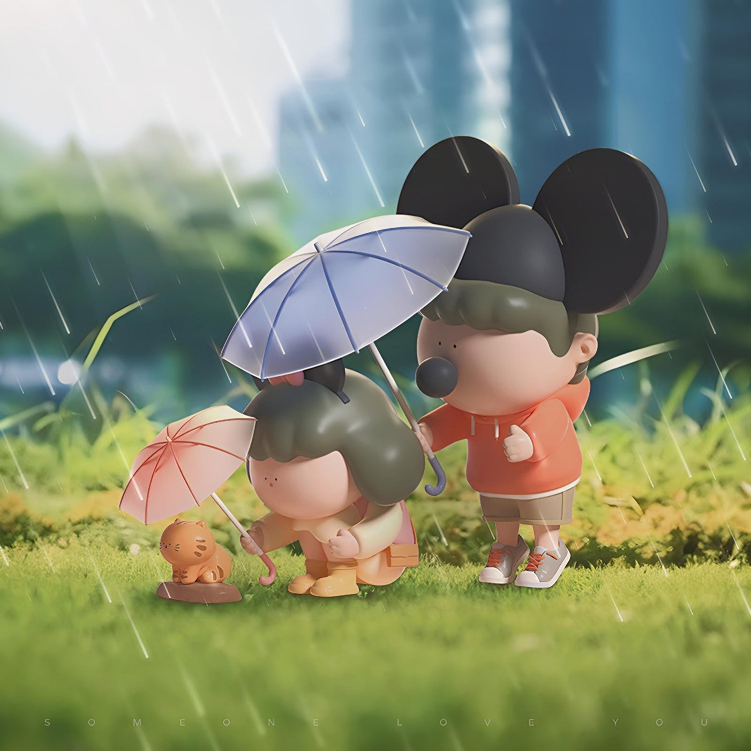 Close-up of Someone Loves You – Rainy Day figure holding umbrella, premium PVC and resin collectible toy for desk or shelf display