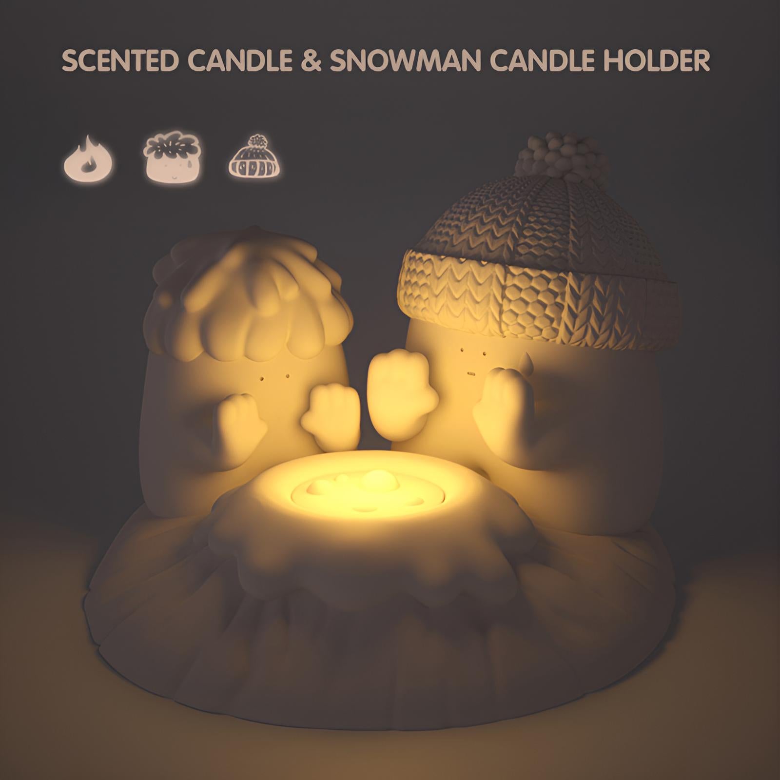 Stay Warm, My Friend Snowman Candle Holder Set glowing with a warm scented candle light