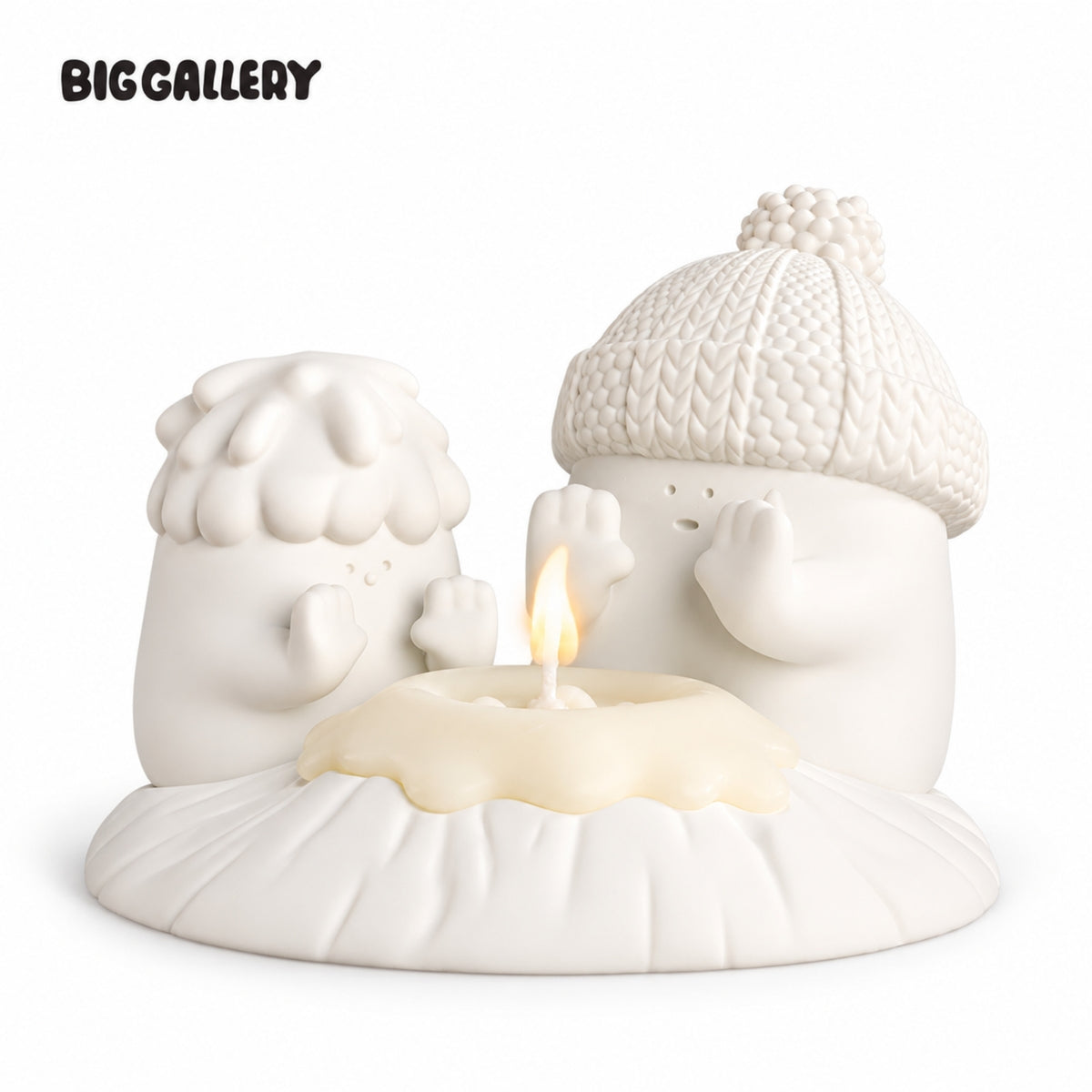 Stay Warm, My Friend Snowman Candle Holder Set by BigGallery featuring two snowman figures and a cozy candle design on a white background
