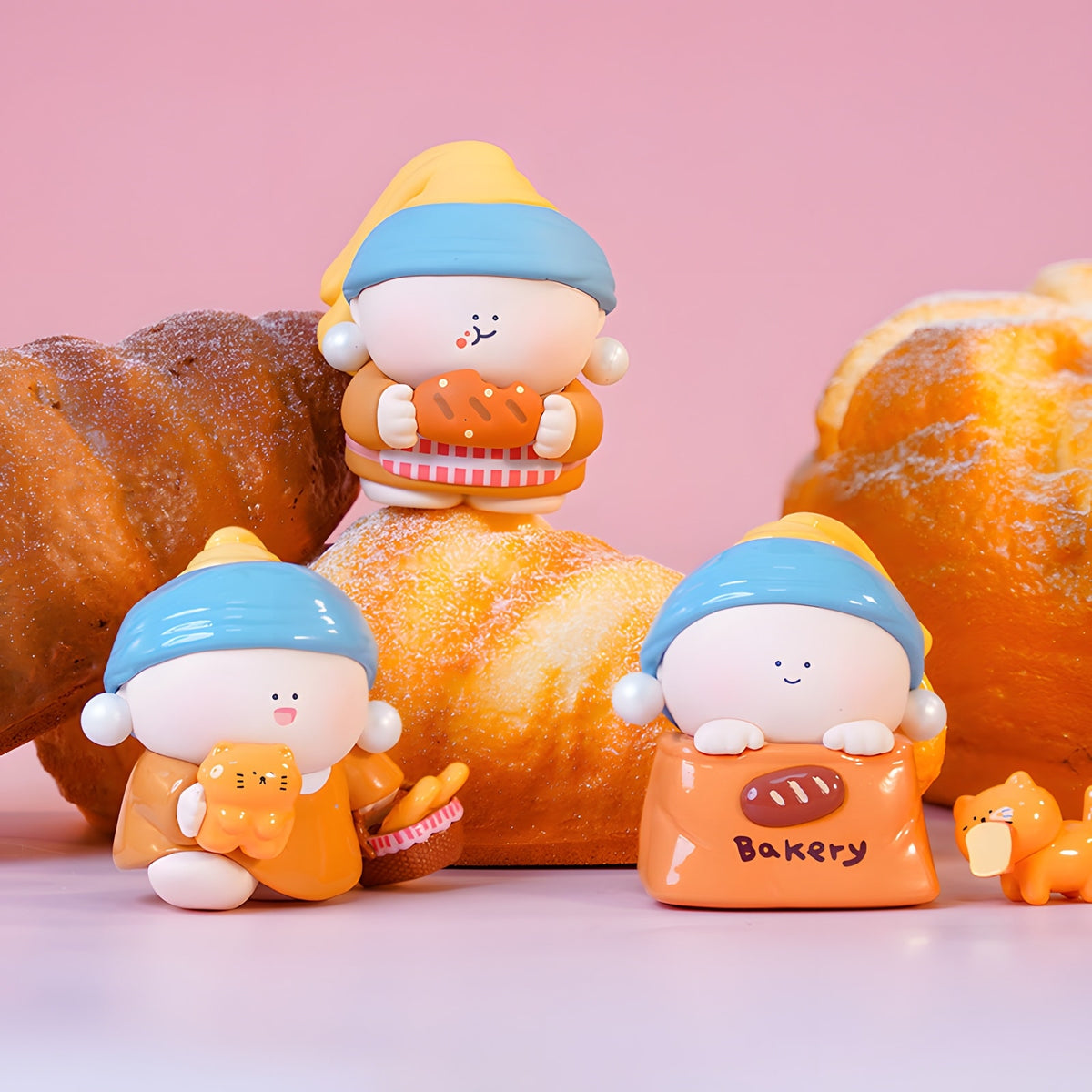 Tender Moments Pearl Girl blind box figures in bakery theme holding bread and pastry, cute collectible vinyl toys display