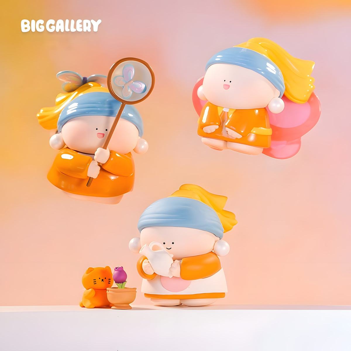 Tender Moments Pearl Girl blind box figures in dreamy flying scene with butterfly net and floating pose, cute designer toys