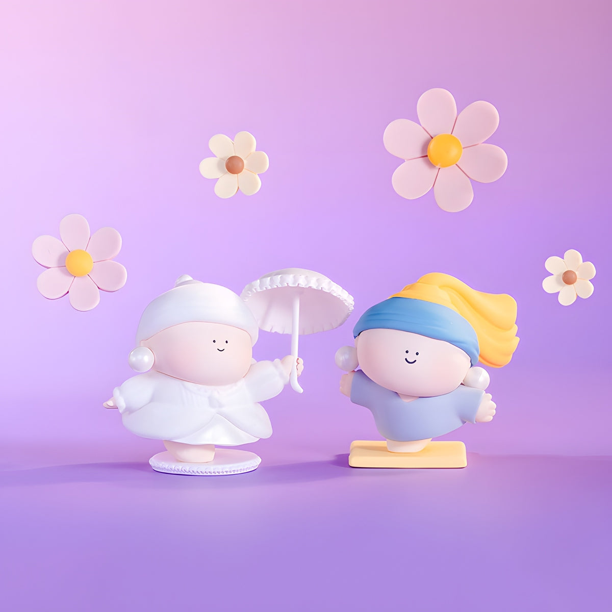 Tender Moments Pearl Girl blind box figures in soft pastel flower scene, aesthetic cute collectible vinyl toys
