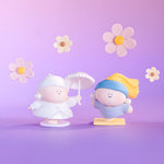 Tender Moments Pearl Girl blind box figures in soft pastel flower scene, aesthetic cute collectible vinyl toys