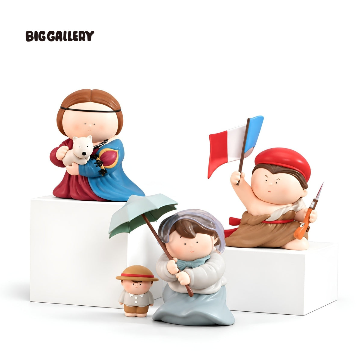 The Great Artist Figures Season 3 collectible art figures set on a white background including Woman with a Parasol, Lady with an Ermine and Liberty Leading the People