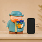 The Great Artists Series Van Gogh blue irises collectible figure size comparison beside smartphone 20cm 7.9in