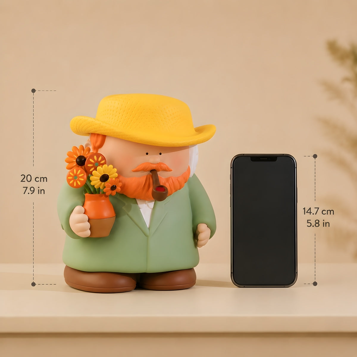The Great Artists Series Van Gogh sunflowers collectible figure size comparison beside smartphone 20cm 7.9in