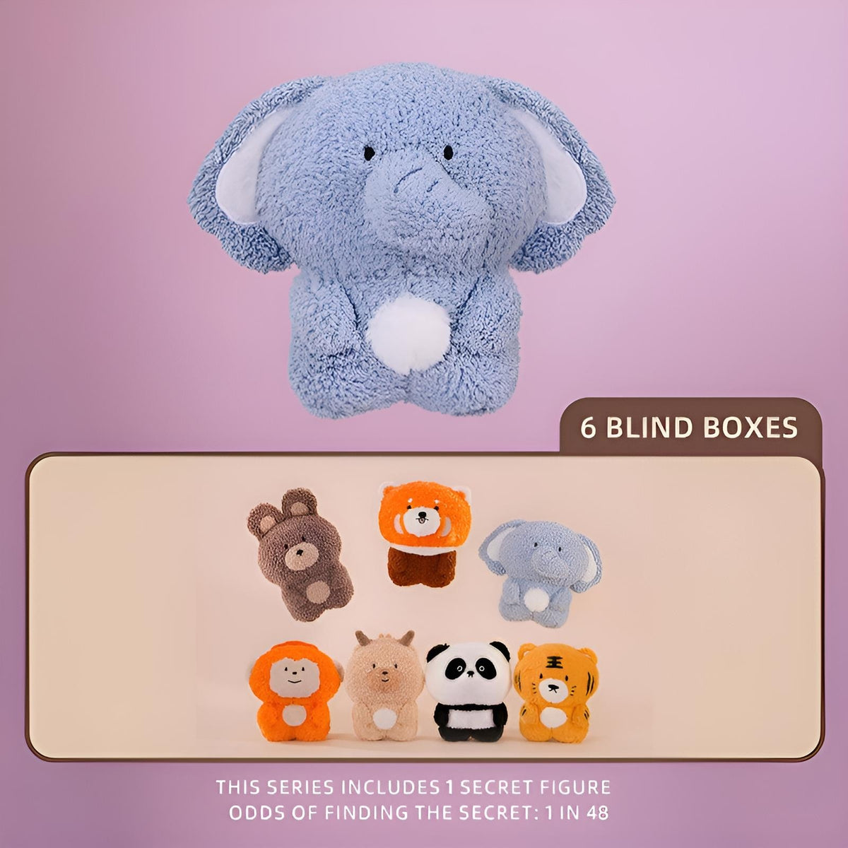 Treasure Animals Series Blind Box full case display with six plush blind boxes and one secret figure chance