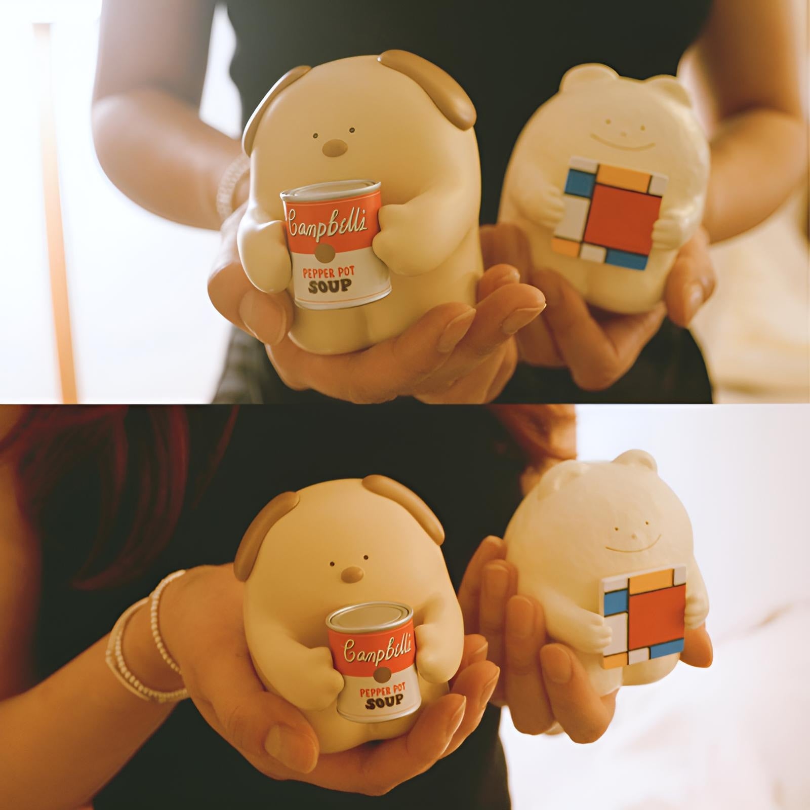 We Love Art Series Figures by BigGallery shown in hand with two premium resin collectible art toys for lifestyle display