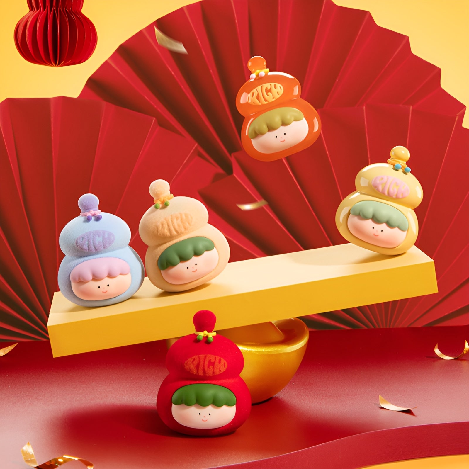 Lucky Mini Beans from Wealth & Blessings Together Series displayed as cute collectible mini figures with traditional fortune elements