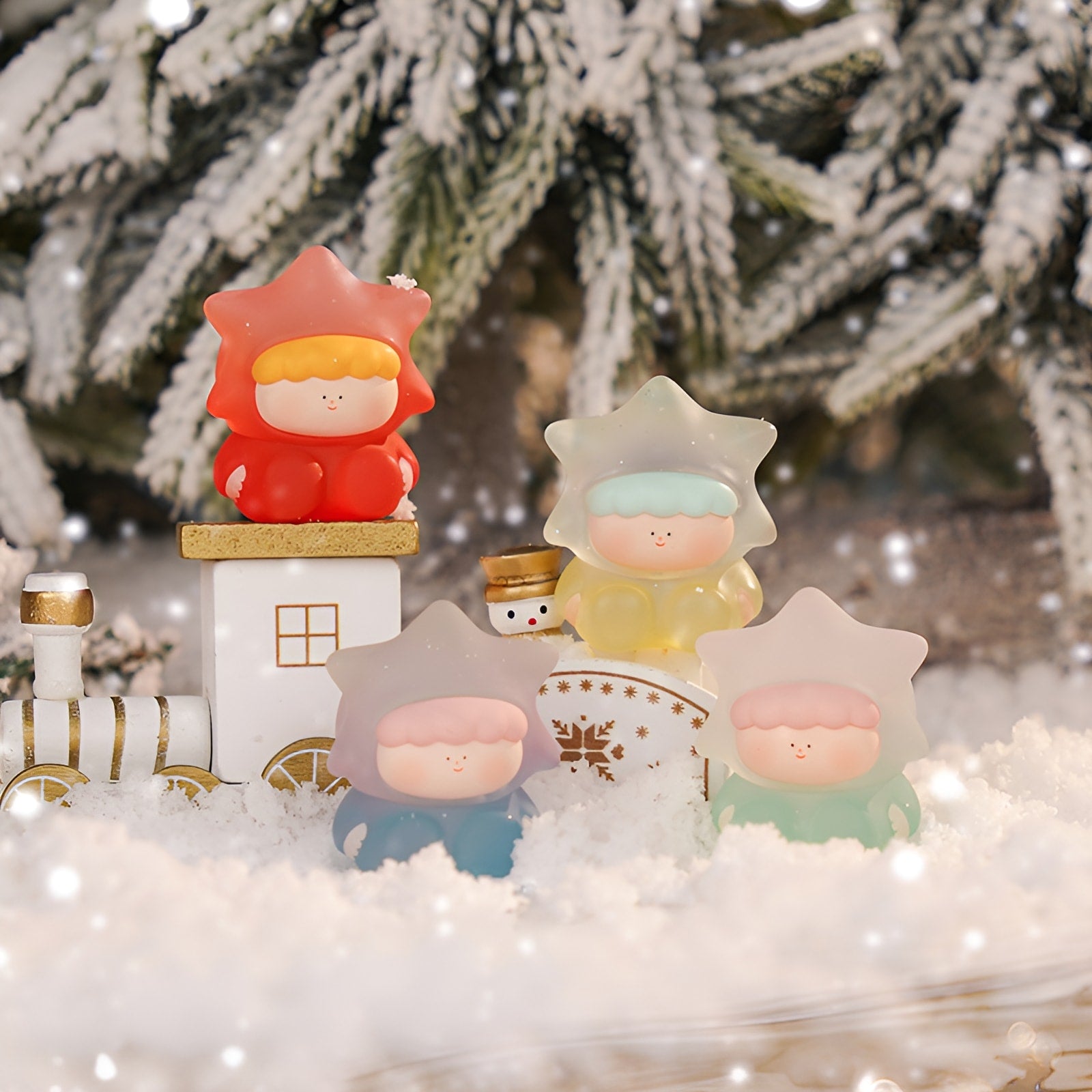 Wishing Stars Mini Beans collectible figures displayed in a winter-themed photo scene
