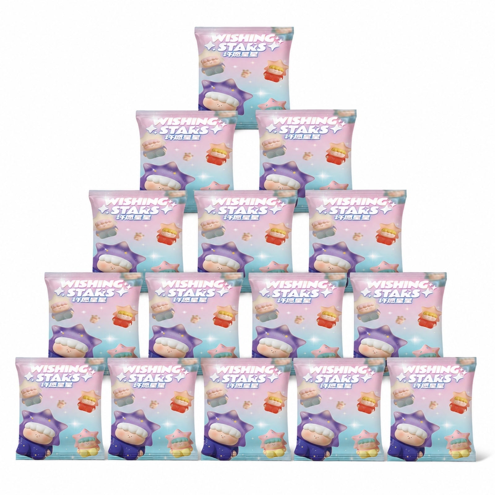 Fifteen blind bag packages for Wishing Stars Series Blind Bag with 5 random Mini Beans inside each bag